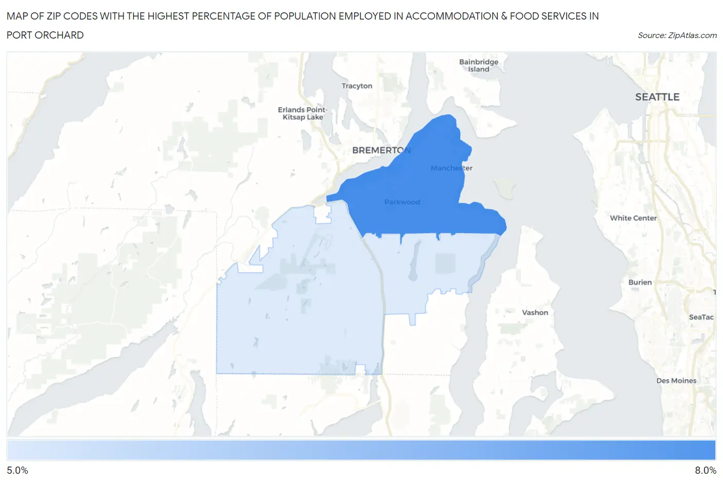 Zip Codes with the Highest Percentage of Population Employed in Accommodation & Food Services in Port Orchard Map