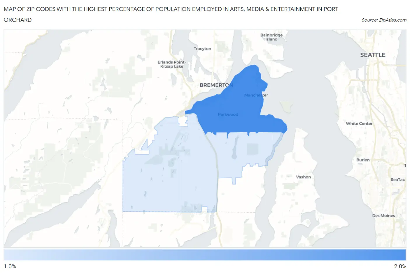 Zip Codes with the Highest Percentage of Population Employed in Arts, Media & Entertainment in Port Orchard Map