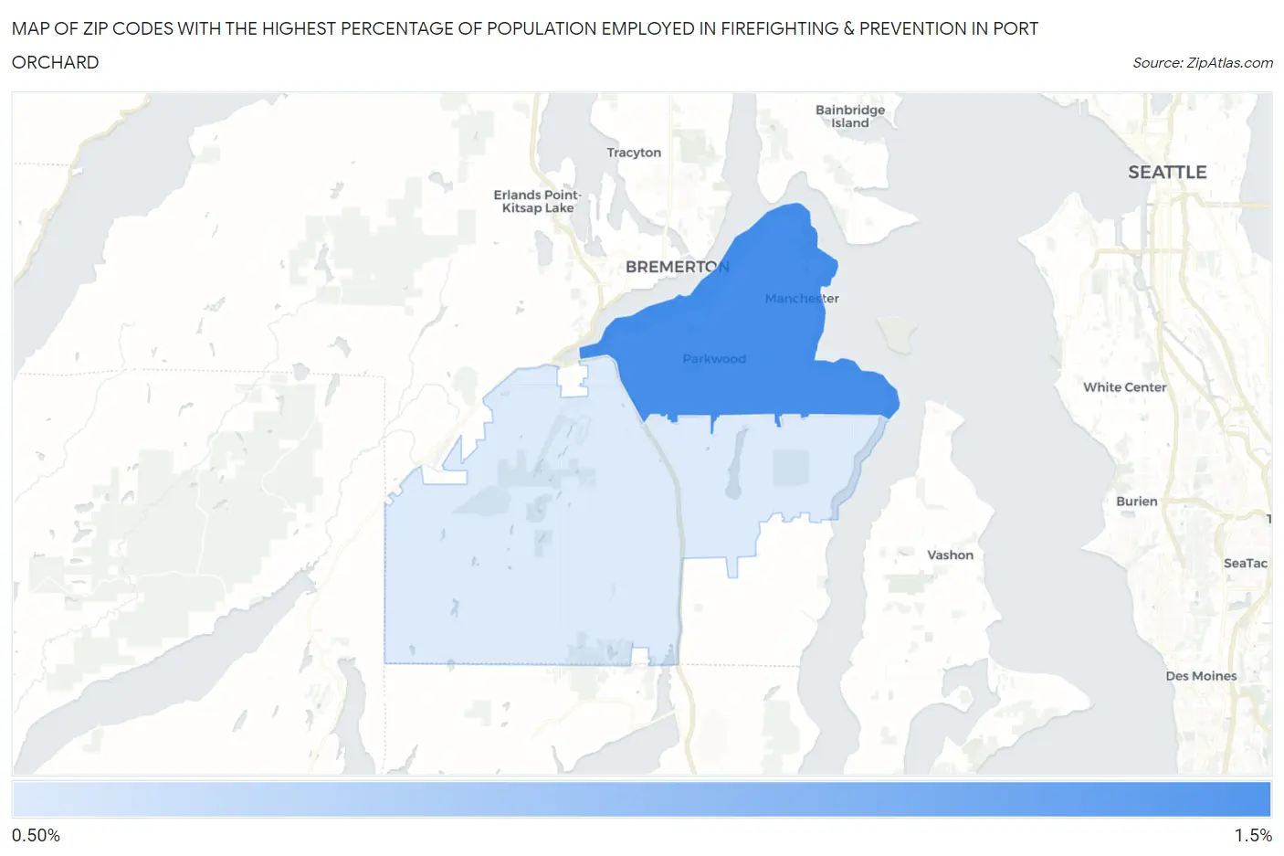 Zip Codes with the Highest Percentage of Population Employed in Firefighting & Prevention in Port Orchard Map