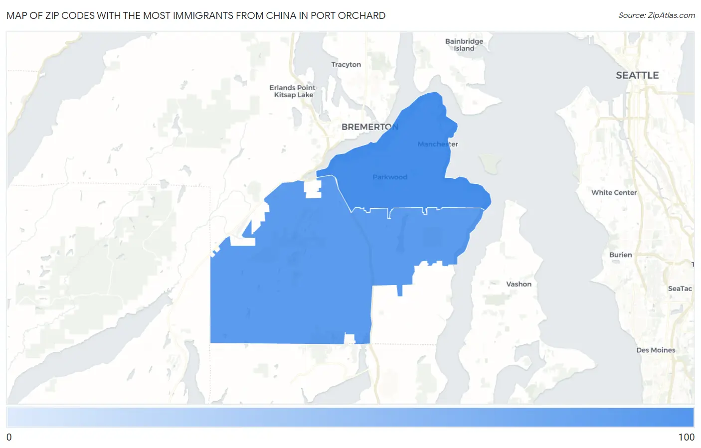 Zip Codes with the Most Immigrants from China in Port Orchard Map