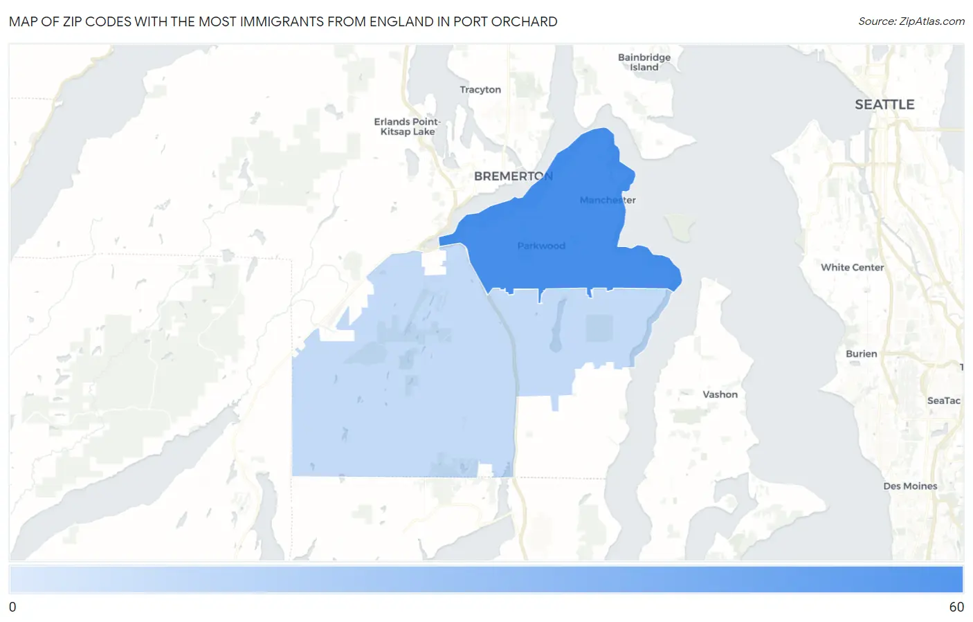 Zip Codes with the Most Immigrants from England in Port Orchard Map