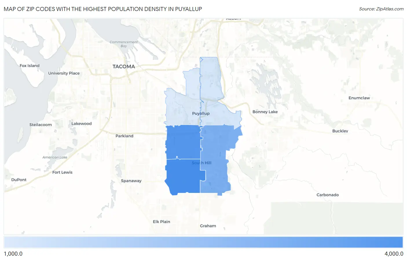 Zip Codes with the Highest Population Density in Puyallup Map