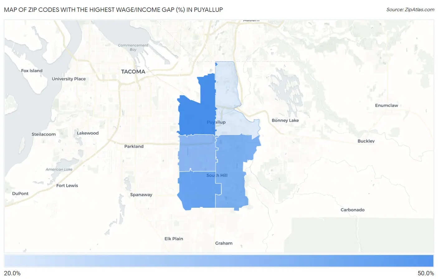 Zip Codes with the Highest Wage/Income Gap (%) in Puyallup Map