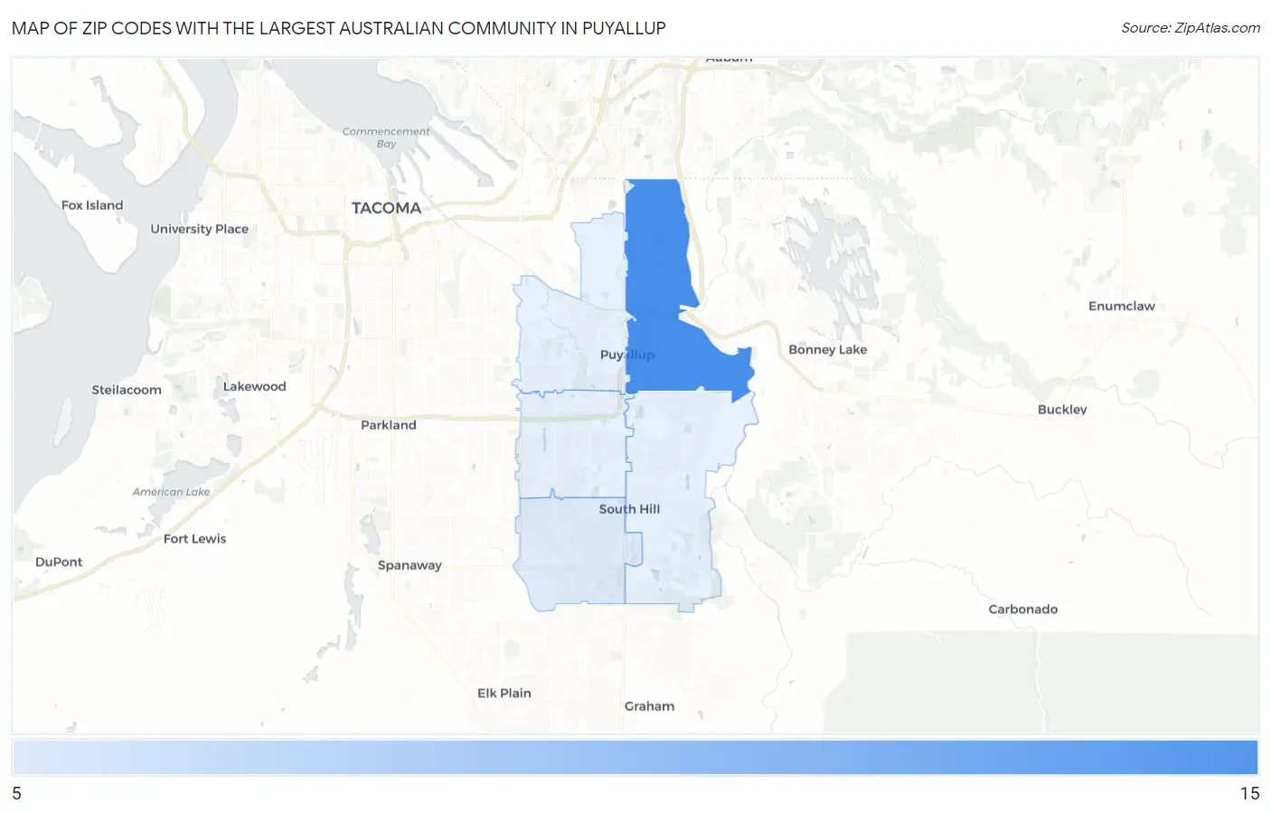 Zip Codes with the Largest Australian Community in Puyallup Map
