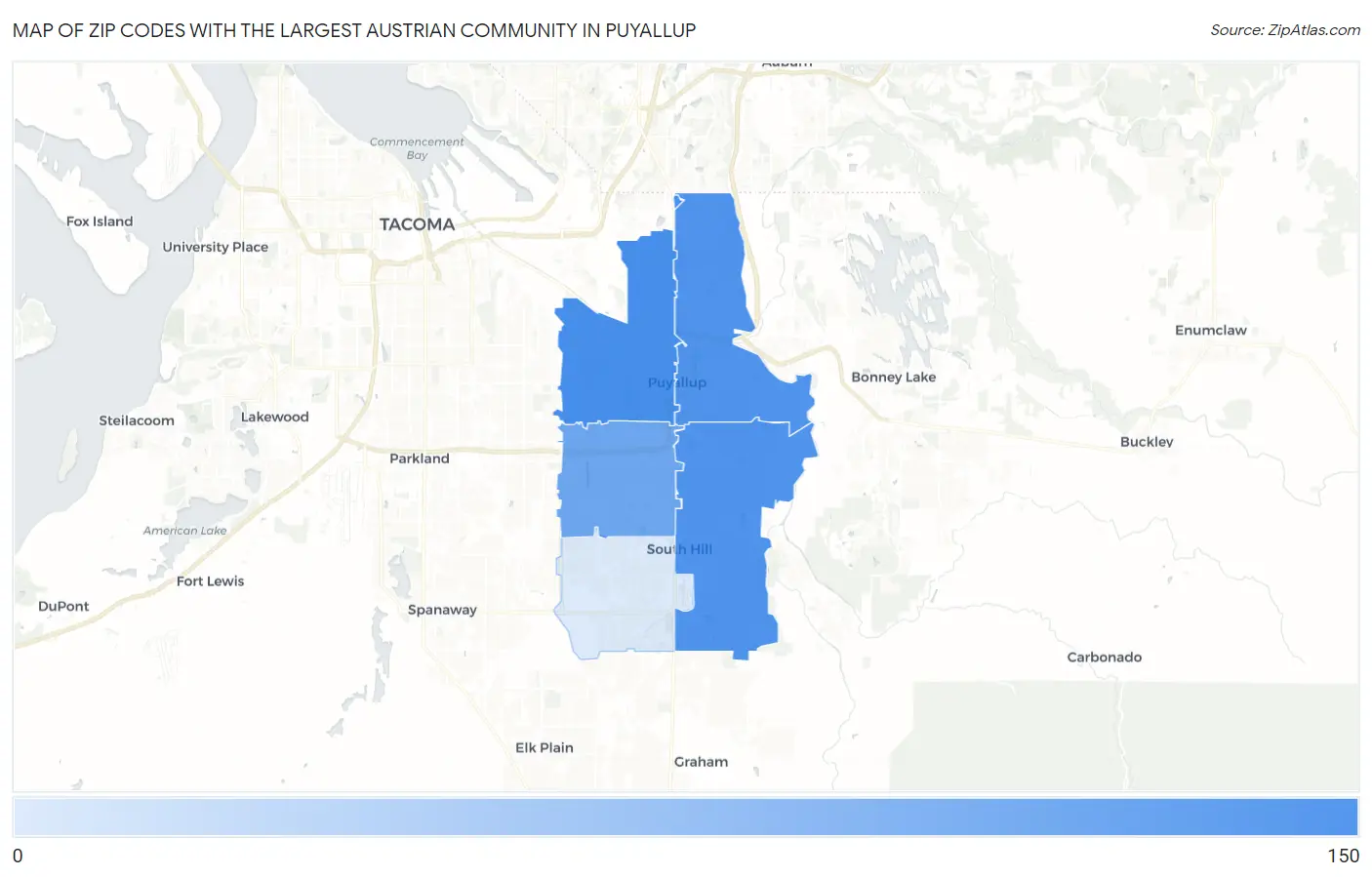 Zip Codes with the Largest Austrian Community in Puyallup Map