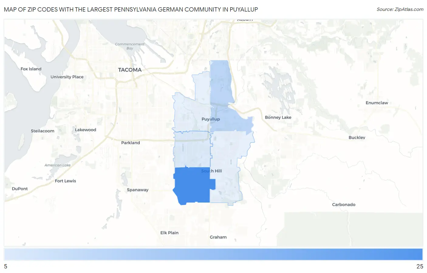 Zip Codes with the Largest Pennsylvania German Community in Puyallup Map