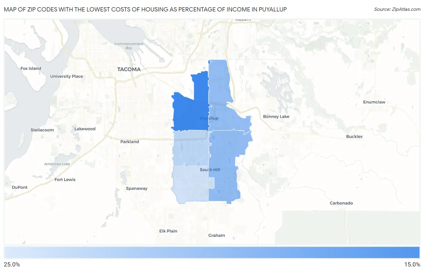 Zip Codes with the Lowest Costs of Housing as Percentage of Income in Puyallup Map