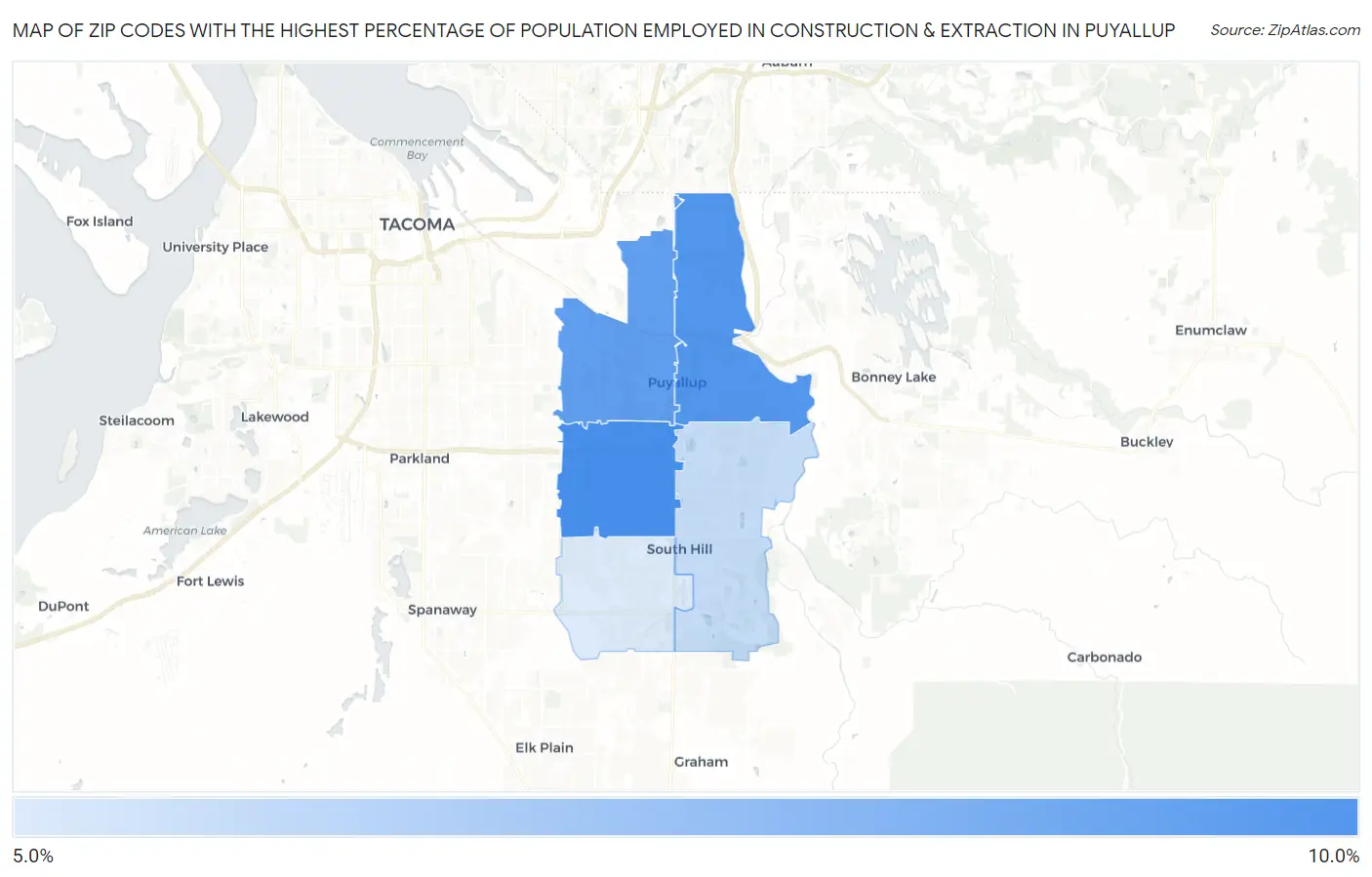 Zip Codes with the Highest Percentage of Population Employed in Construction & Extraction in Puyallup Map