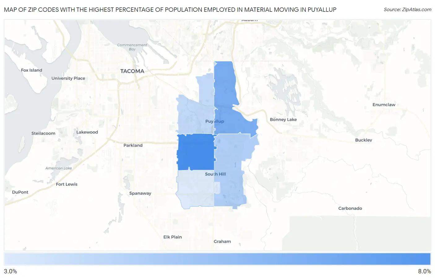 Zip Codes with the Highest Percentage of Population Employed in Material Moving in Puyallup Map