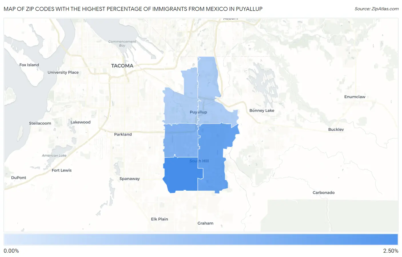 Zip Codes with the Highest Percentage of Immigrants from Mexico in Puyallup Map