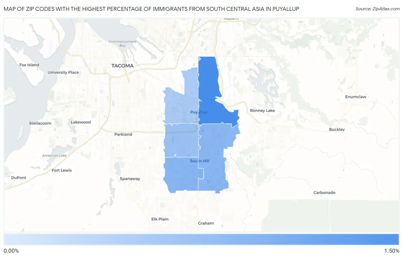 Zip Codes with the Highest Percentage of Immigrants from South Central Asia in Puyallup Map
