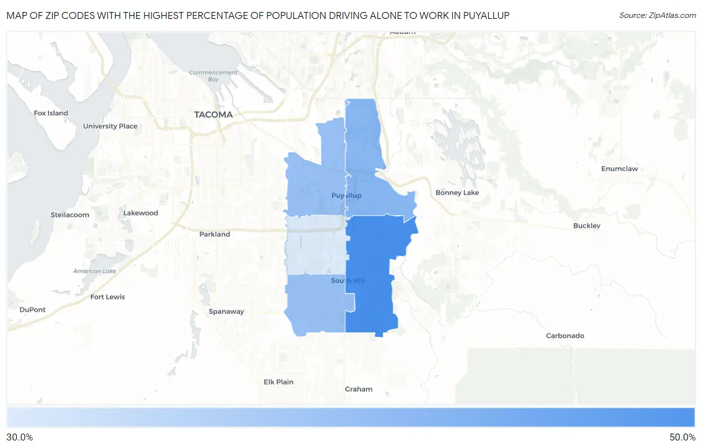 Zip Codes with the Highest Percentage of Population Driving Alone to Work in Puyallup Map