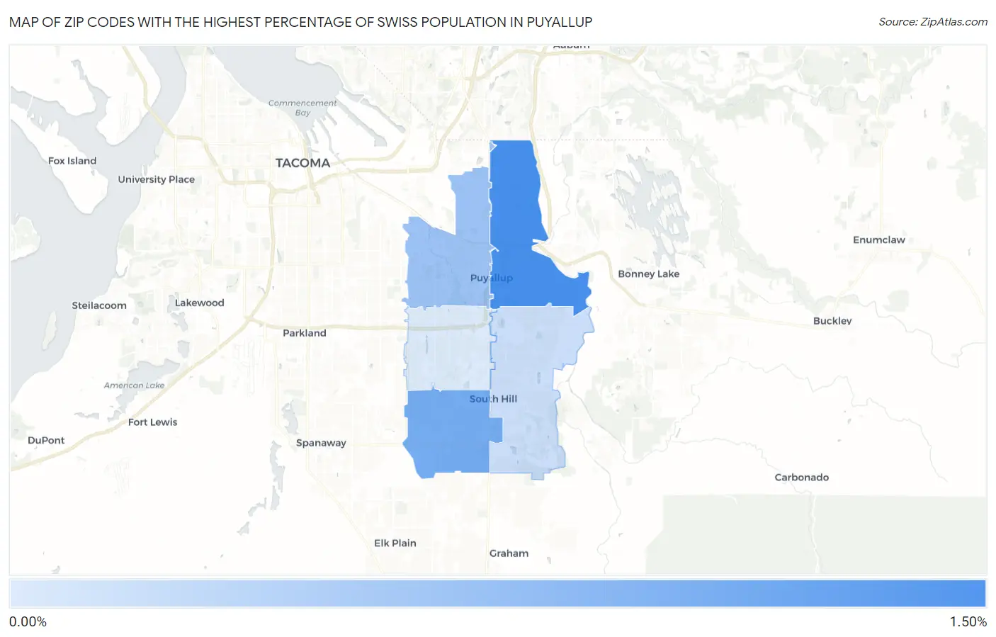 Zip Codes with the Highest Percentage of Swiss Population in Puyallup Map