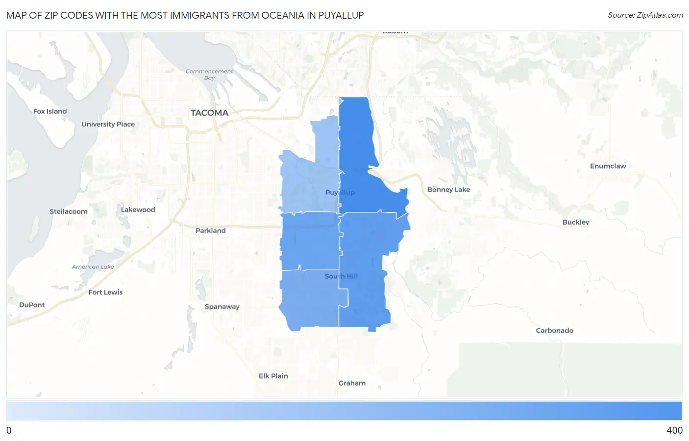 Zip Codes with the Most Immigrants from Oceania in Puyallup Map