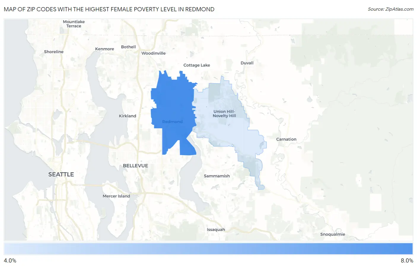 Zip Codes with the Highest Female Poverty Level in Redmond Map