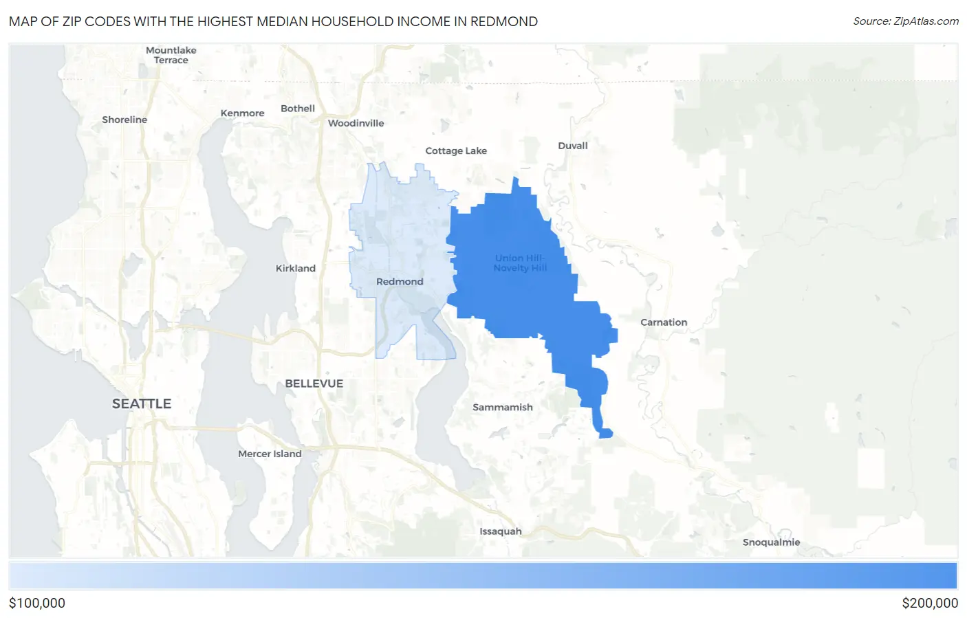 Zip Codes with the Highest Median Household Income in Redmond Map