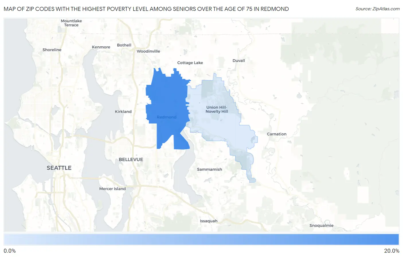 Zip Codes with the Highest Poverty Level Among Seniors Over the Age of 75 in Redmond Map