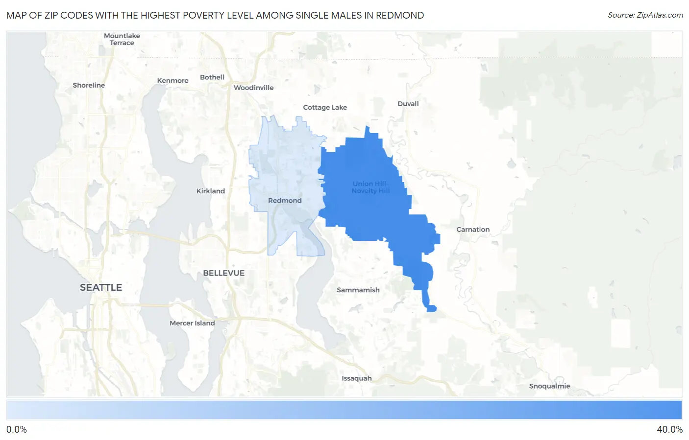 Zip Codes with the Highest Poverty Level Among Single Males in Redmond Map