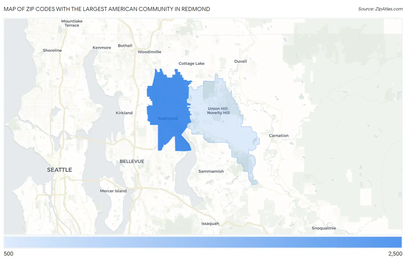 Zip Codes with the Largest American Community in Redmond Map