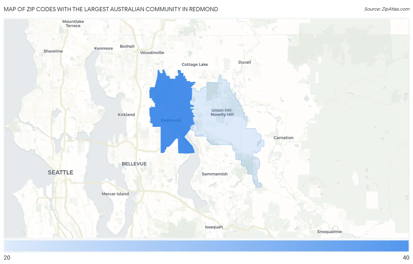 Zip Codes with the Largest Australian Community in Redmond Map