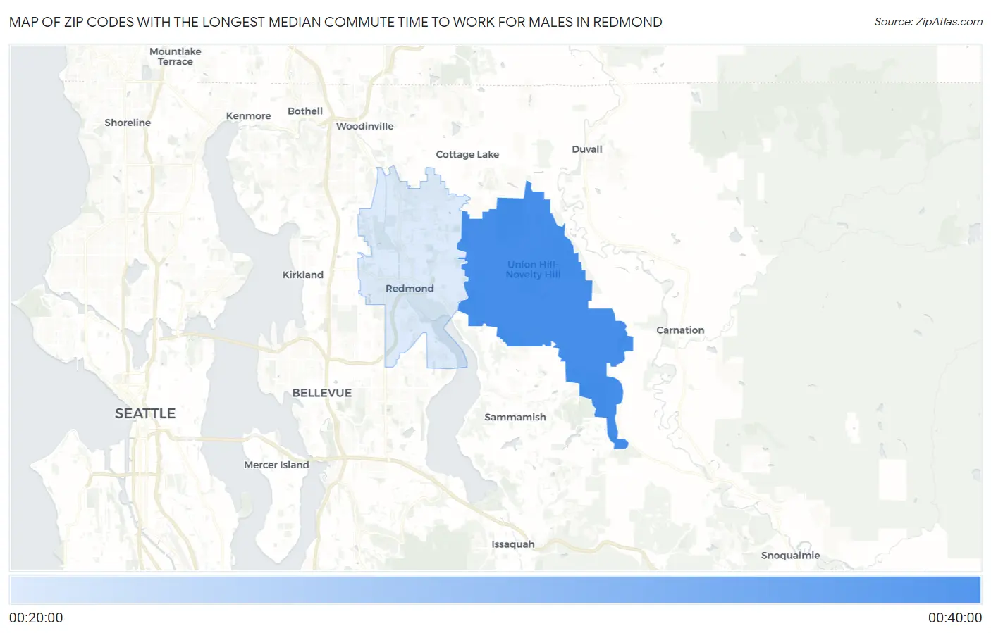Zip Codes with the Longest Median Commute Time to Work for Males in Redmond Map