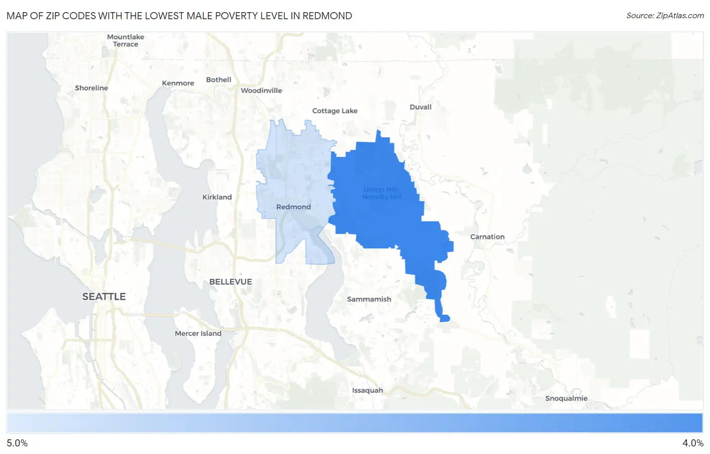 Zip Codes with the Lowest Male Poverty Level in Redmond Map
