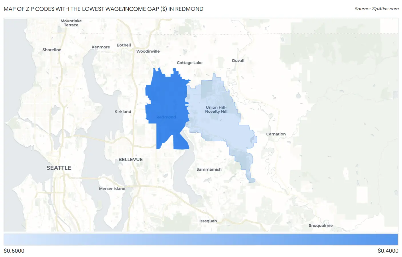 Zip Codes with the Lowest Wage/Income Gap ($) in Redmond Map