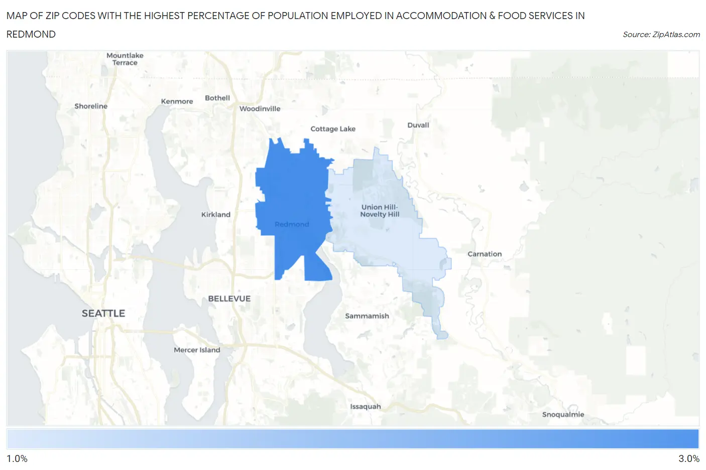 Zip Codes with the Highest Percentage of Population Employed in Accommodation & Food Services in Redmond Map