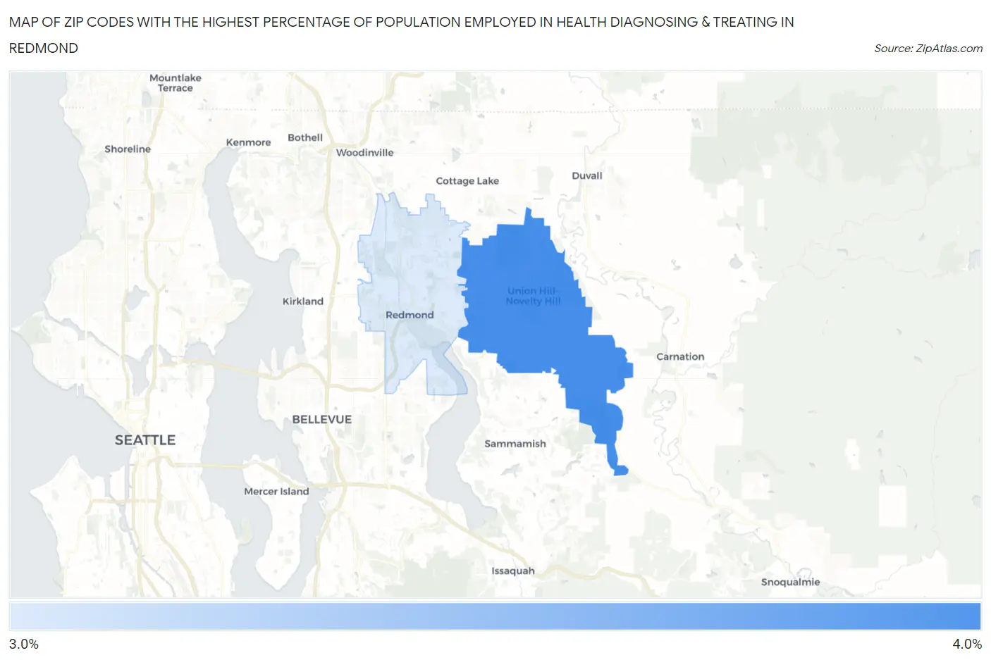 Zip Codes with the Highest Percentage of Population Employed in Health Diagnosing & Treating in Redmond Map