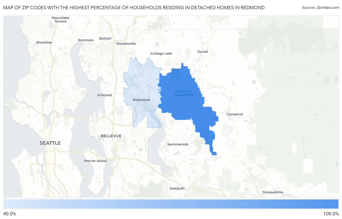 Zip Codes with the Highest Percentage of Households Residing in Detached Homes in Redmond Map