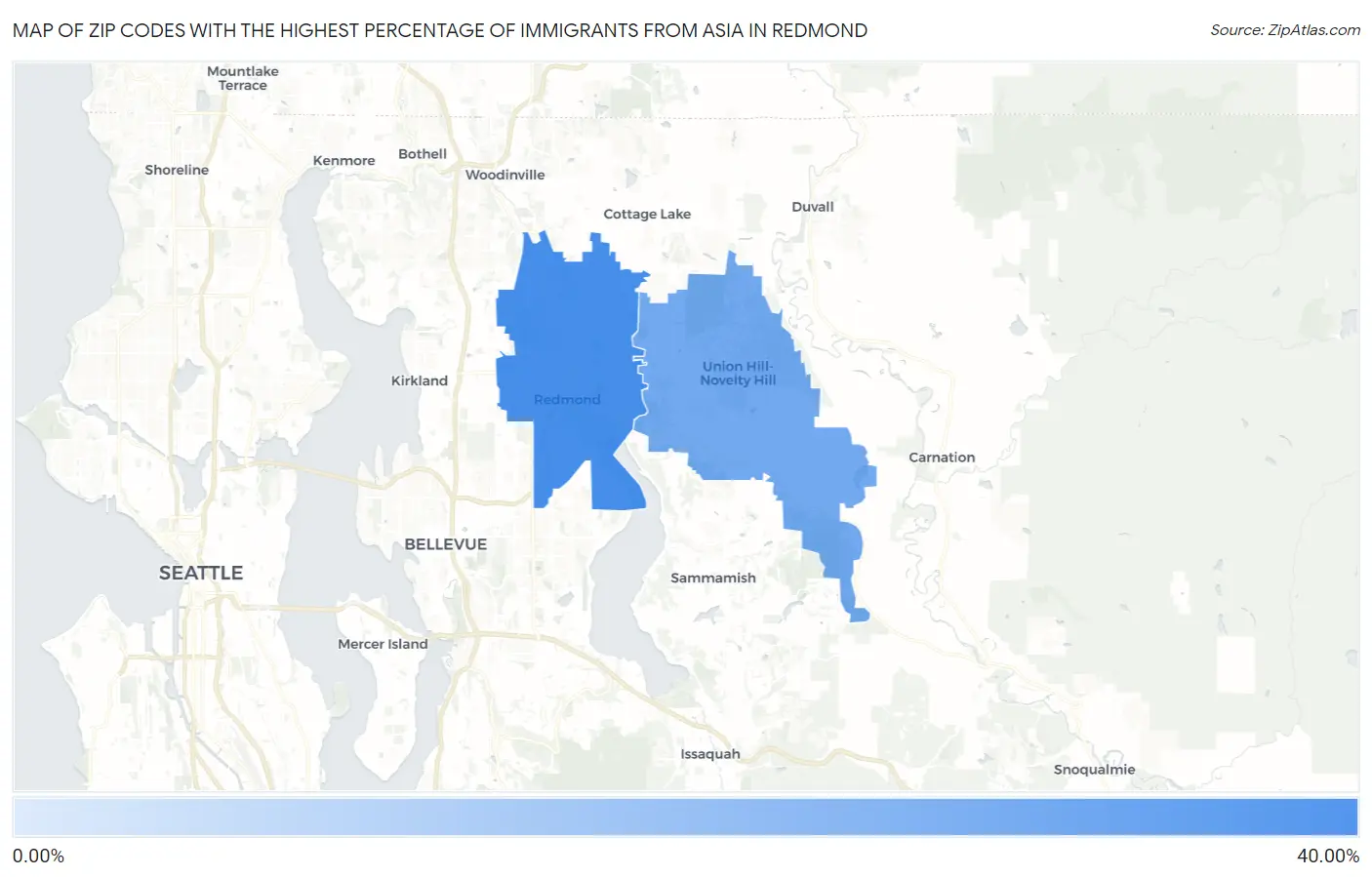 Zip Codes with the Highest Percentage of Immigrants from Asia in Redmond Map