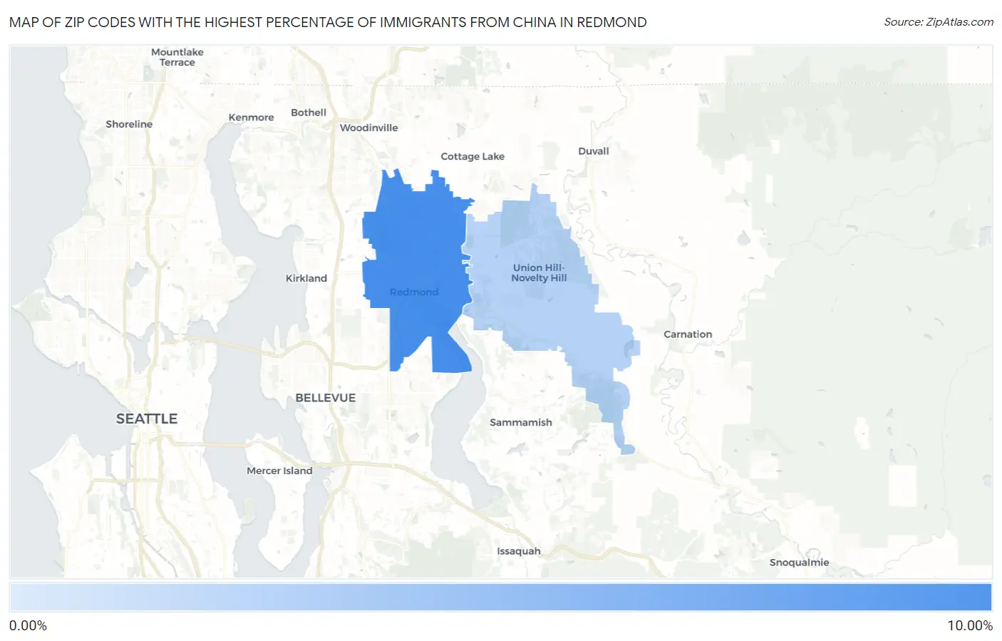 Zip Codes with the Highest Percentage of Immigrants from China in Redmond Map