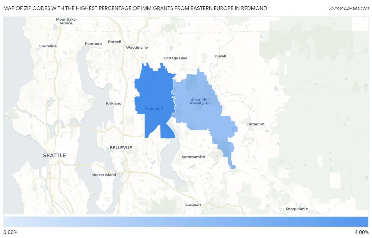 Zip Codes with the Highest Percentage of Immigrants from Eastern Europe in Redmond Map