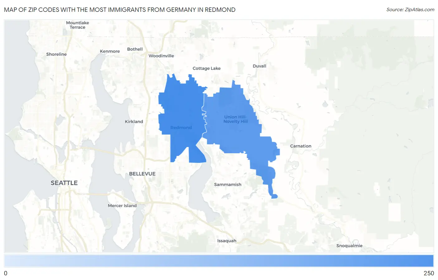 Zip Codes with the Most Immigrants from Germany in Redmond Map