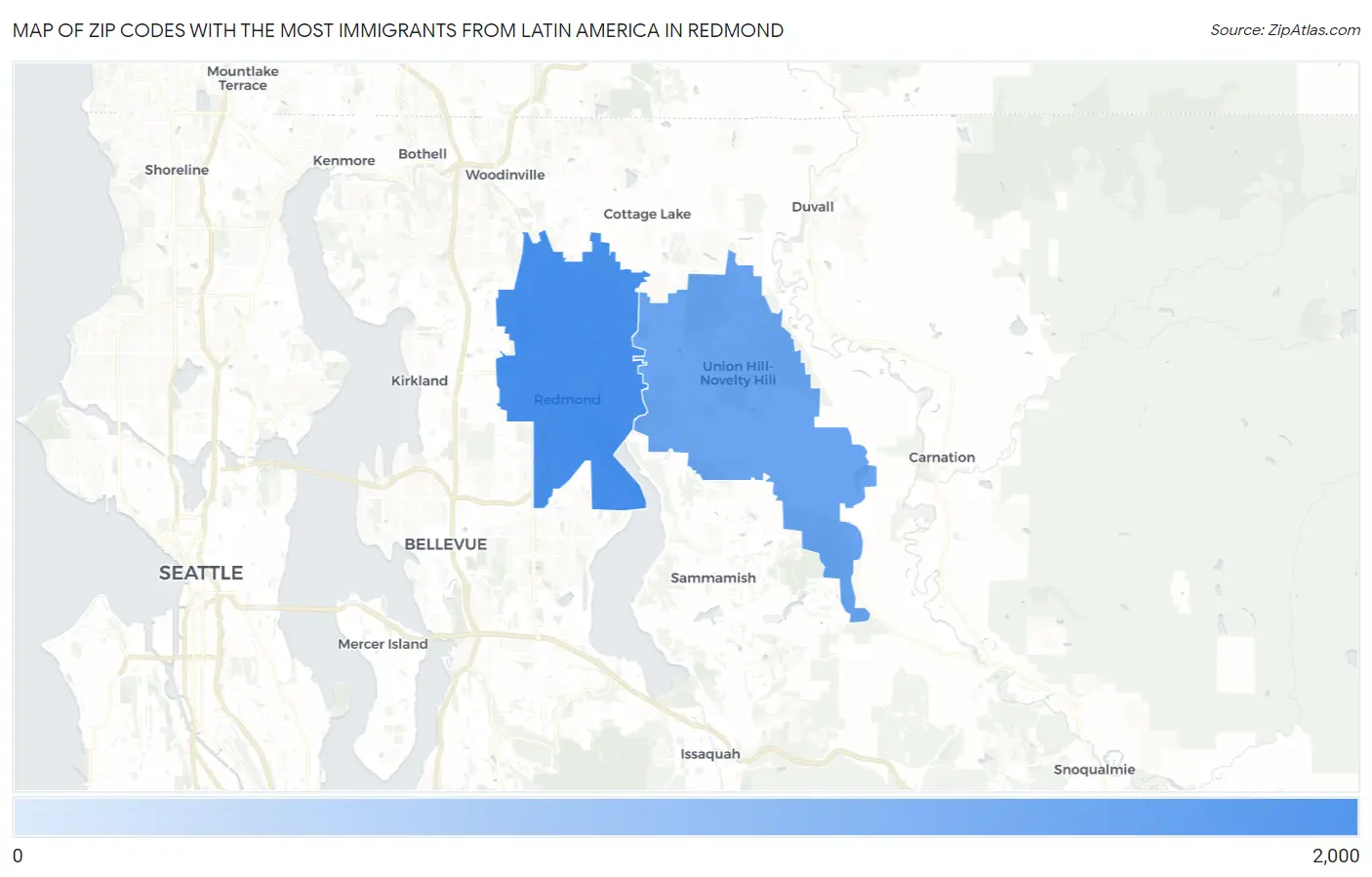 Zip Codes with the Most Immigrants from Latin America in Redmond Map