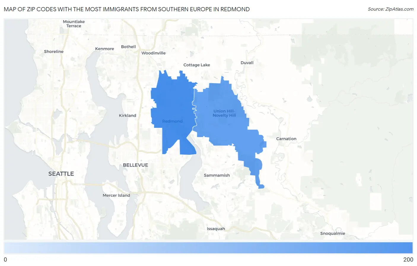 Zip Codes with the Most Immigrants from Southern Europe in Redmond Map