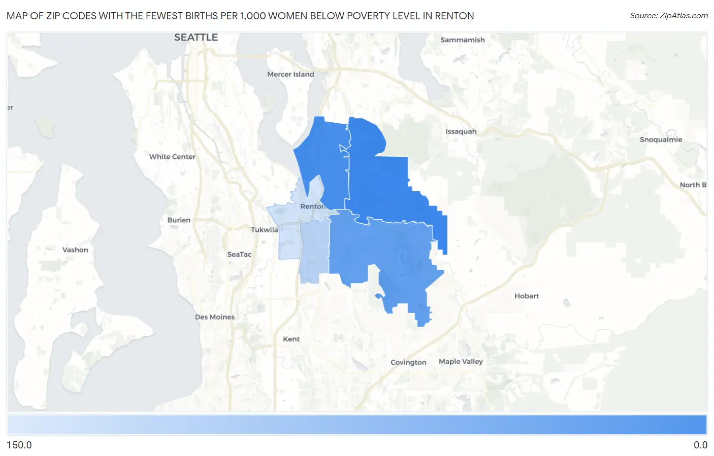 Zip Codes with the Fewest Births per 1,000 Women Below Poverty Level in Renton Map