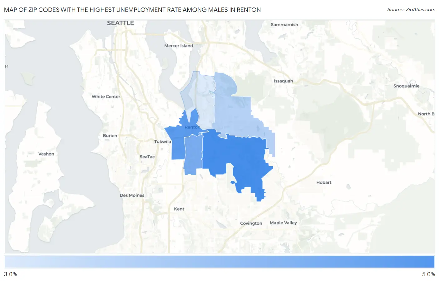 Zip Codes with the Highest Unemployment Rate Among Males in Renton Map