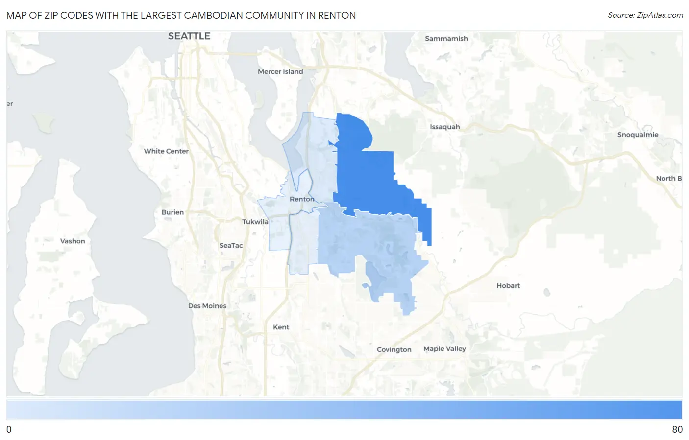 Zip Codes with the Largest Cambodian Community in Renton Map