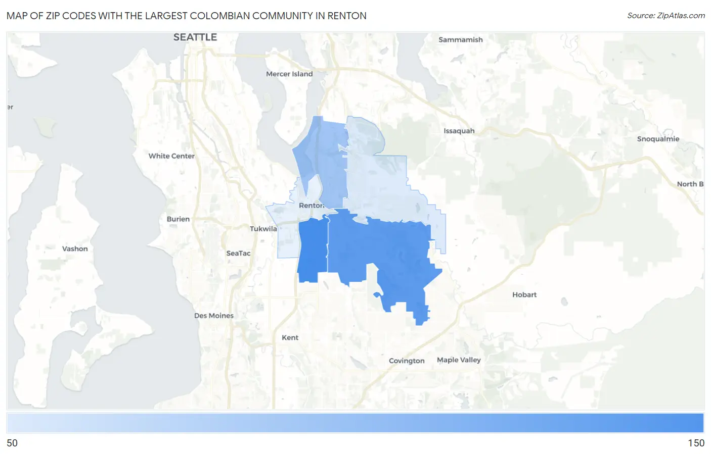 Zip Codes with the Largest Colombian Community in Renton Map