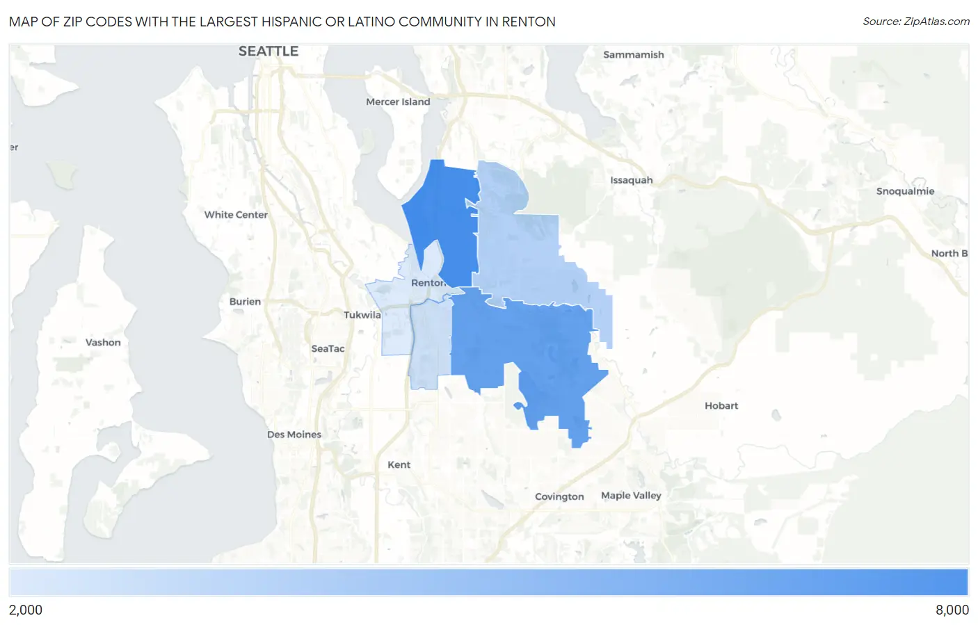 Zip Codes with the Largest Hispanic or Latino Community in Renton Map