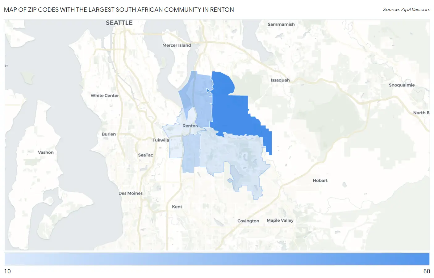 Zip Codes with the Largest South African Community in Renton Map