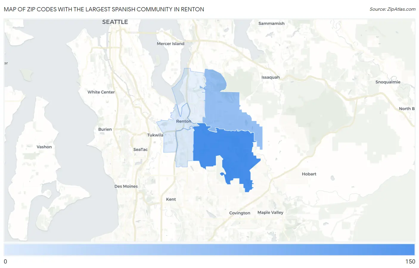 Zip Codes with the Largest Spanish Community in Renton Map