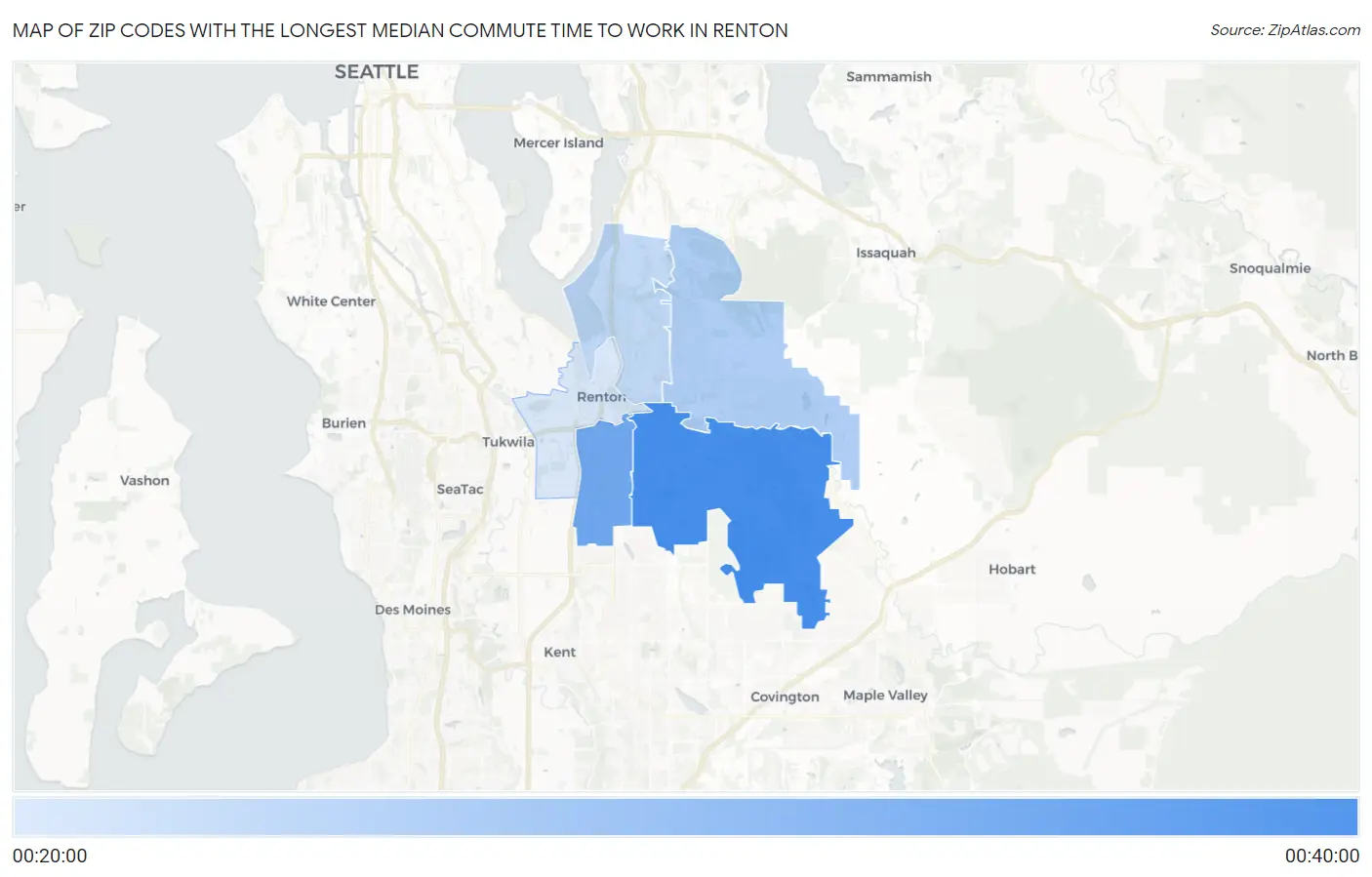 Zip Codes with the Longest Median Commute Time to Work in Renton Map