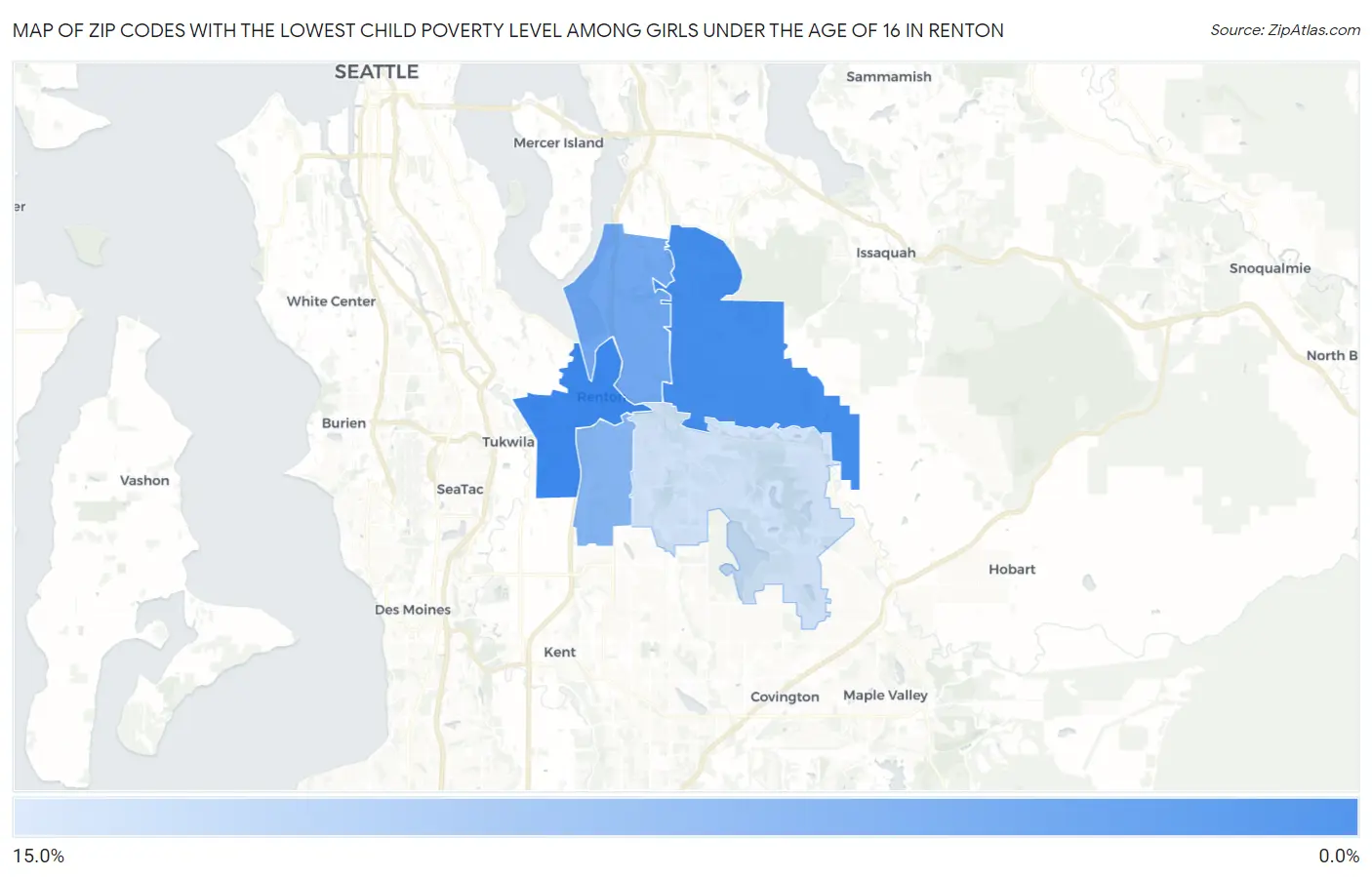 Zip Codes with the Lowest Child Poverty Level Among Girls Under the Age of 16 in Renton Map