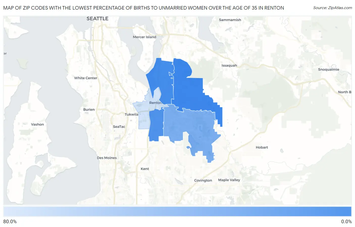 Zip Codes with the Lowest Percentage of Births to Unmarried Women over the Age of 35 in Renton Map