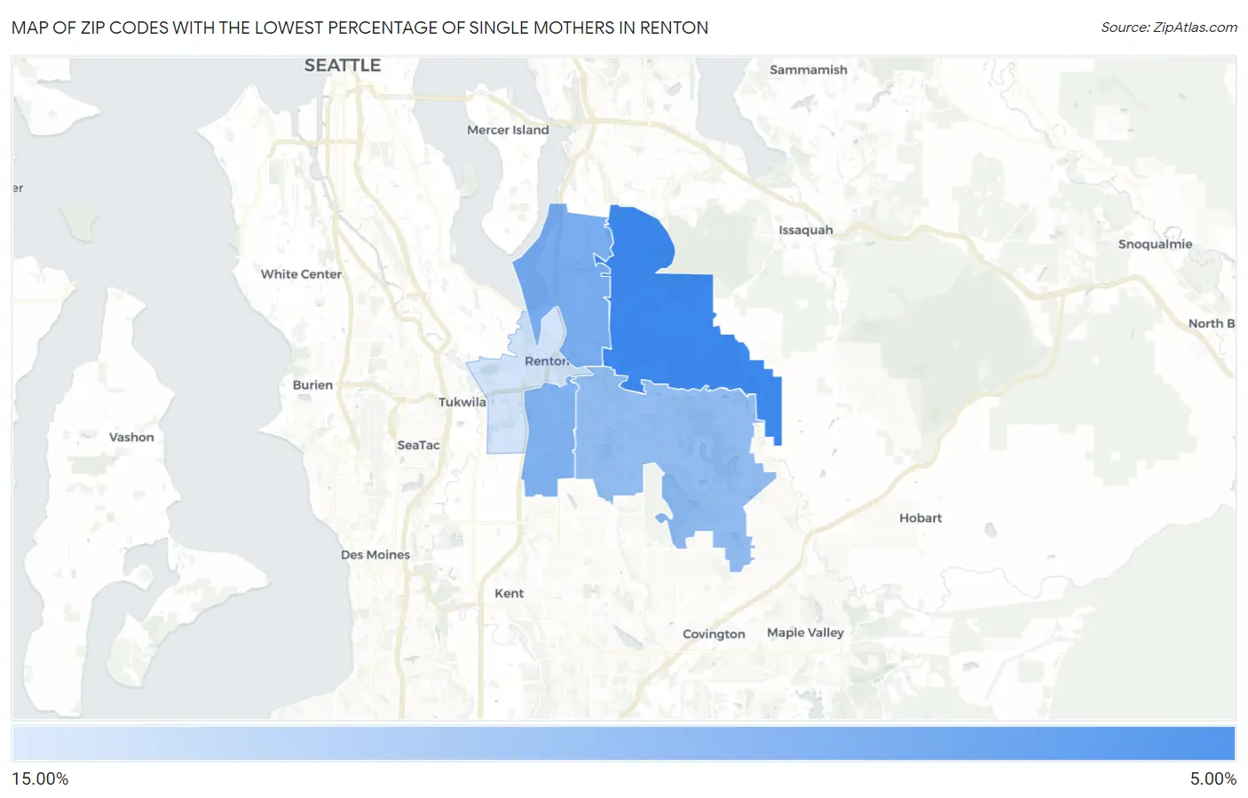 Zip Codes with the Lowest Percentage of Single Mothers in Renton Map