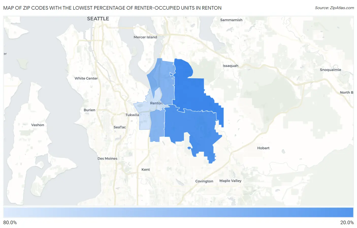 Zip Codes with the Lowest Percentage of Renter-Occupied Units in Renton Map