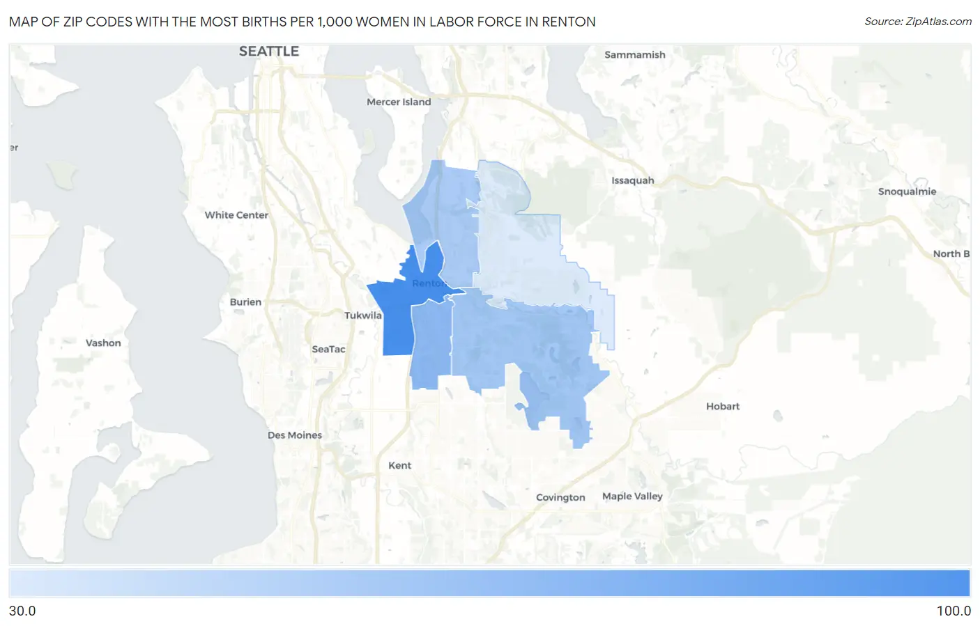 Zip Codes with the Most Births per 1,000 Women in Labor Force in Renton Map