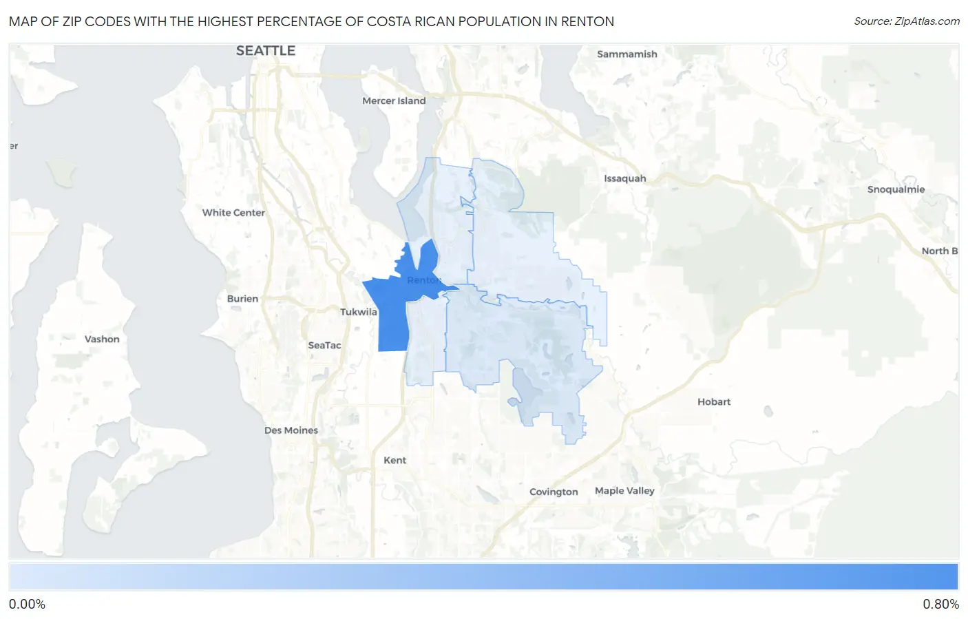 Zip Codes with the Highest Percentage of Costa Rican Population in Renton Map